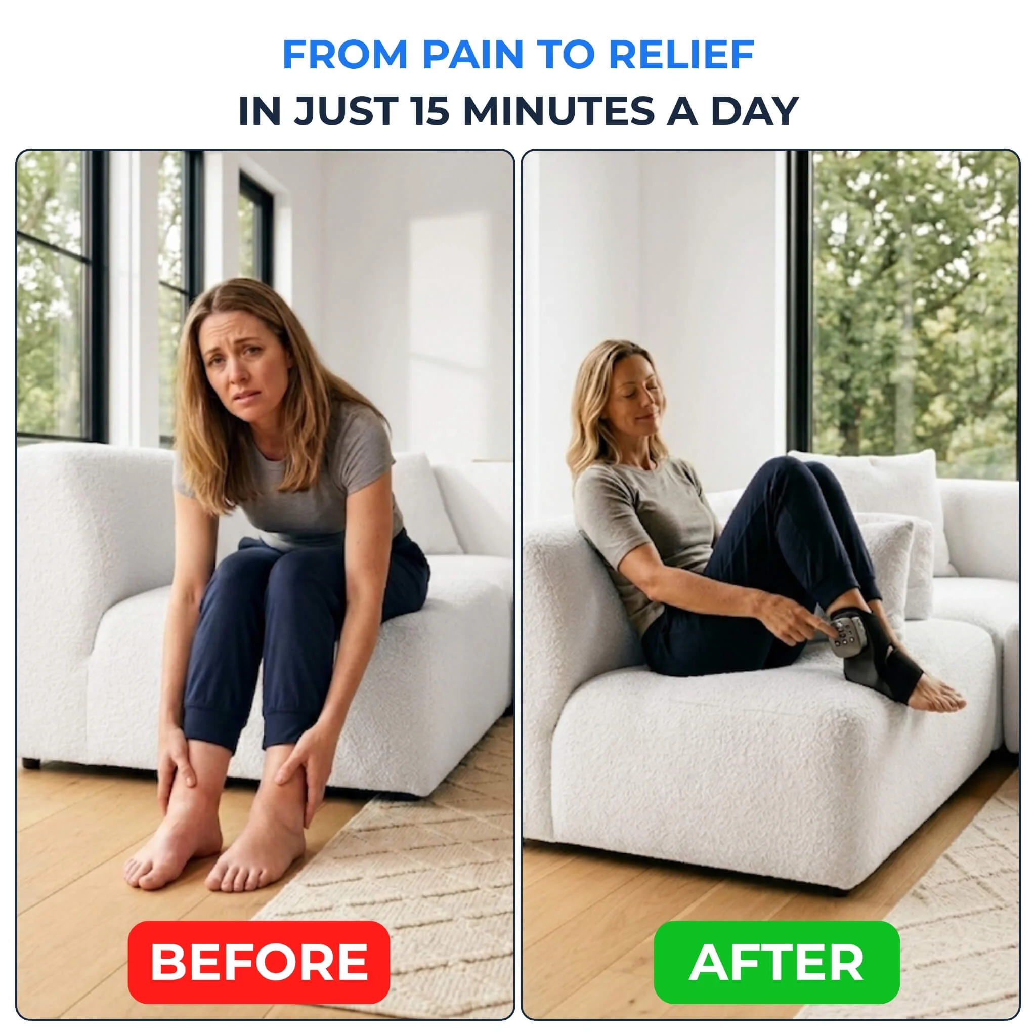 Before and after comparison showing woman in pain holding swollen ankle on left, and same woman relaxed on sofa using foot and ankle massager on right, with red before badge and green after badge