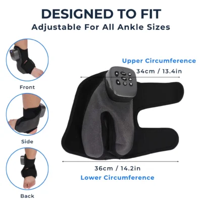 Foot and ankle massager flat lay with dimension arrows showing upper circumference of 34cm and lower circumference of 36cm, with three circular inset images showing front, side, and back views of the product worn on a foot