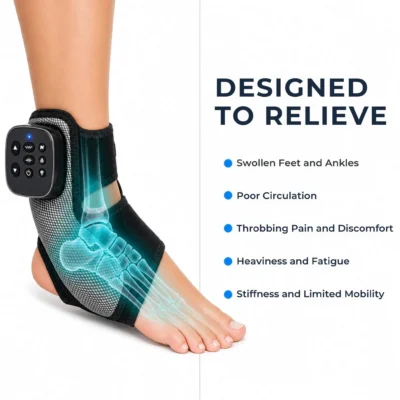 Foot and ankle massager with teal x-ray overlay showing ankle bones, designed to relieve swollen feet, poor circulation, throbbing pain, heaviness and stiffness