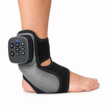 Cordless foot and ankle massager with control module worn on bare foot, white background