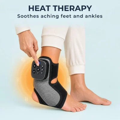 Woman pressing button on foot and ankle massager with orange heat glow indicating heat therapy activating around the ankle