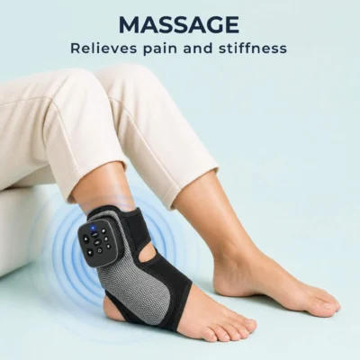 Foot and ankle massager with blue vibration pulse rings showing massage function actively relieving pain and stiffness in the ankle