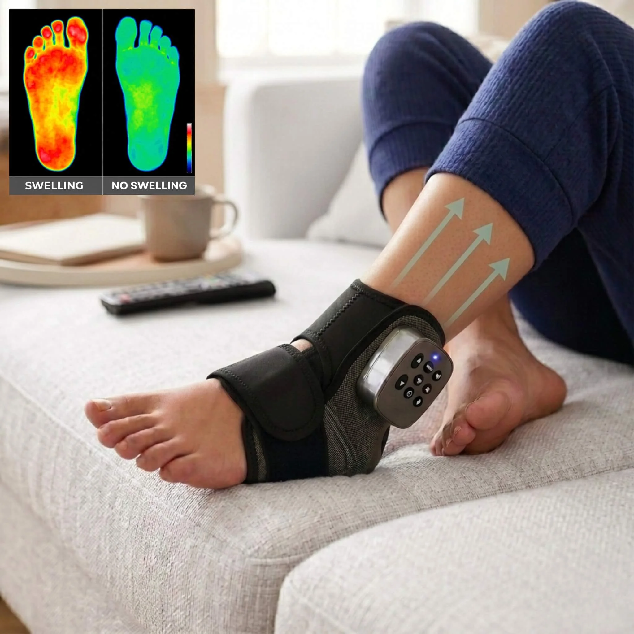 Person on sofa wearing foot and ankle massager with teal circulation arrows on leg, thermal scan insert in top left corner showing swelling versus no swelling comparison