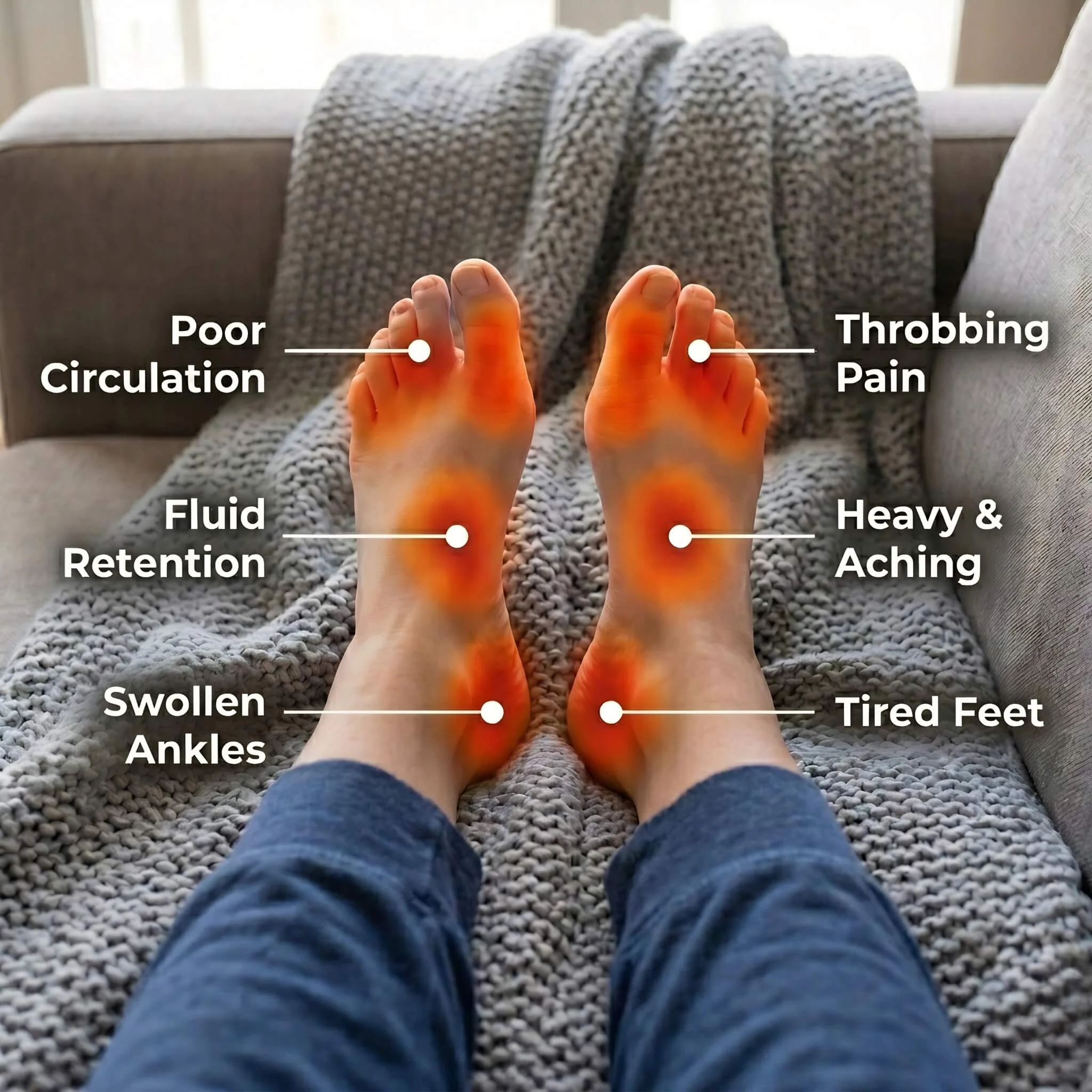 First-person view of bare feet on grey knit blanket with heat map overlay showing six pain points including poor circulation, fluid retention, swollen ankles, throbbing pain, heavy and aching, and tired feet