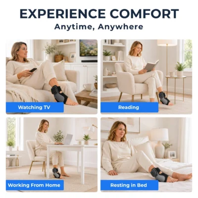Four panel grid showing woman using foot and ankle massager while watching TV, reading, working from home, and resting in bed