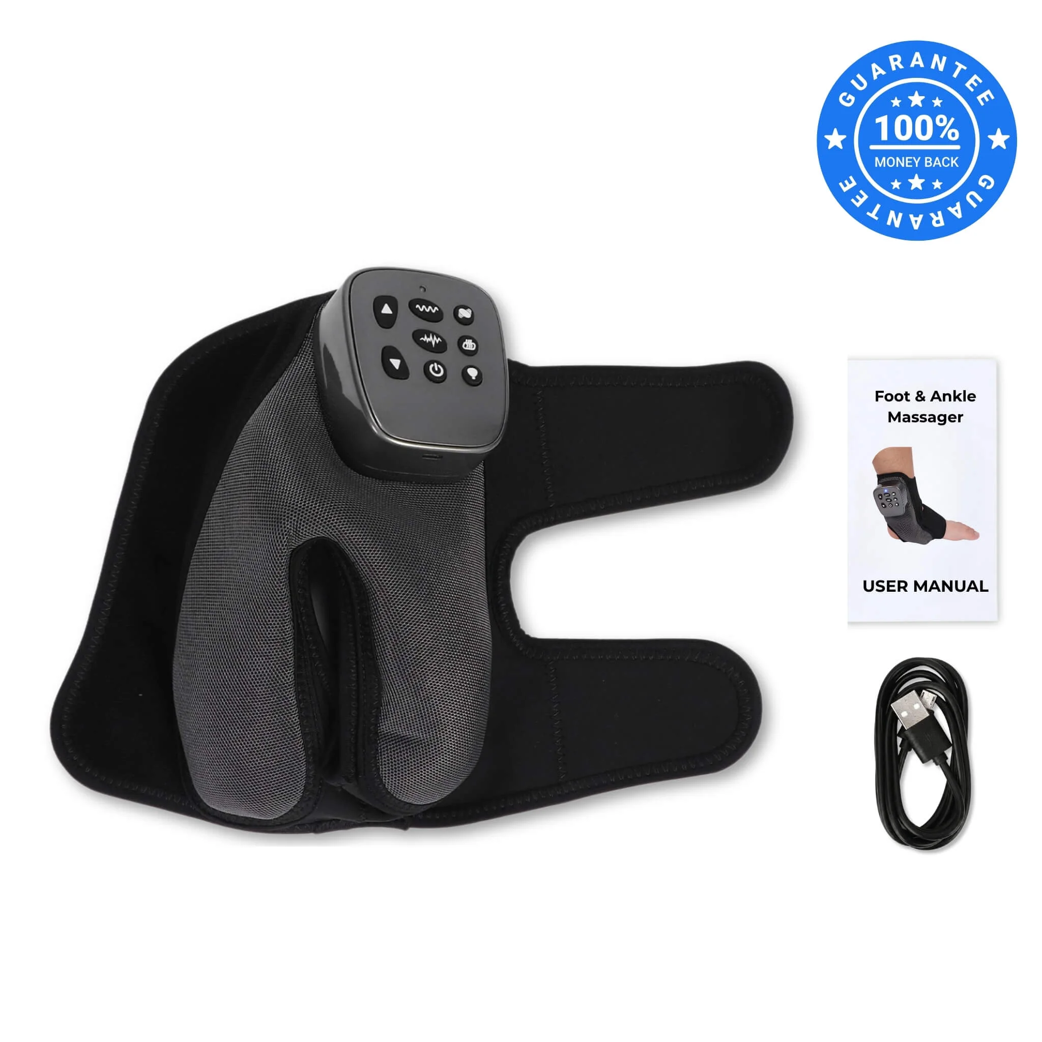 Flat lay of foot and ankle massager package contents on white background showing the massager device, user manual, and USB charging cable with 100 percent money back guarantee badge in top right corner