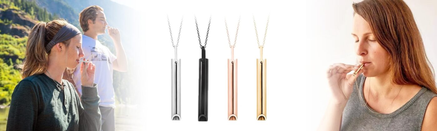 People using a breathing necklace to quit smoking outdoors, with various necklace designs shown.