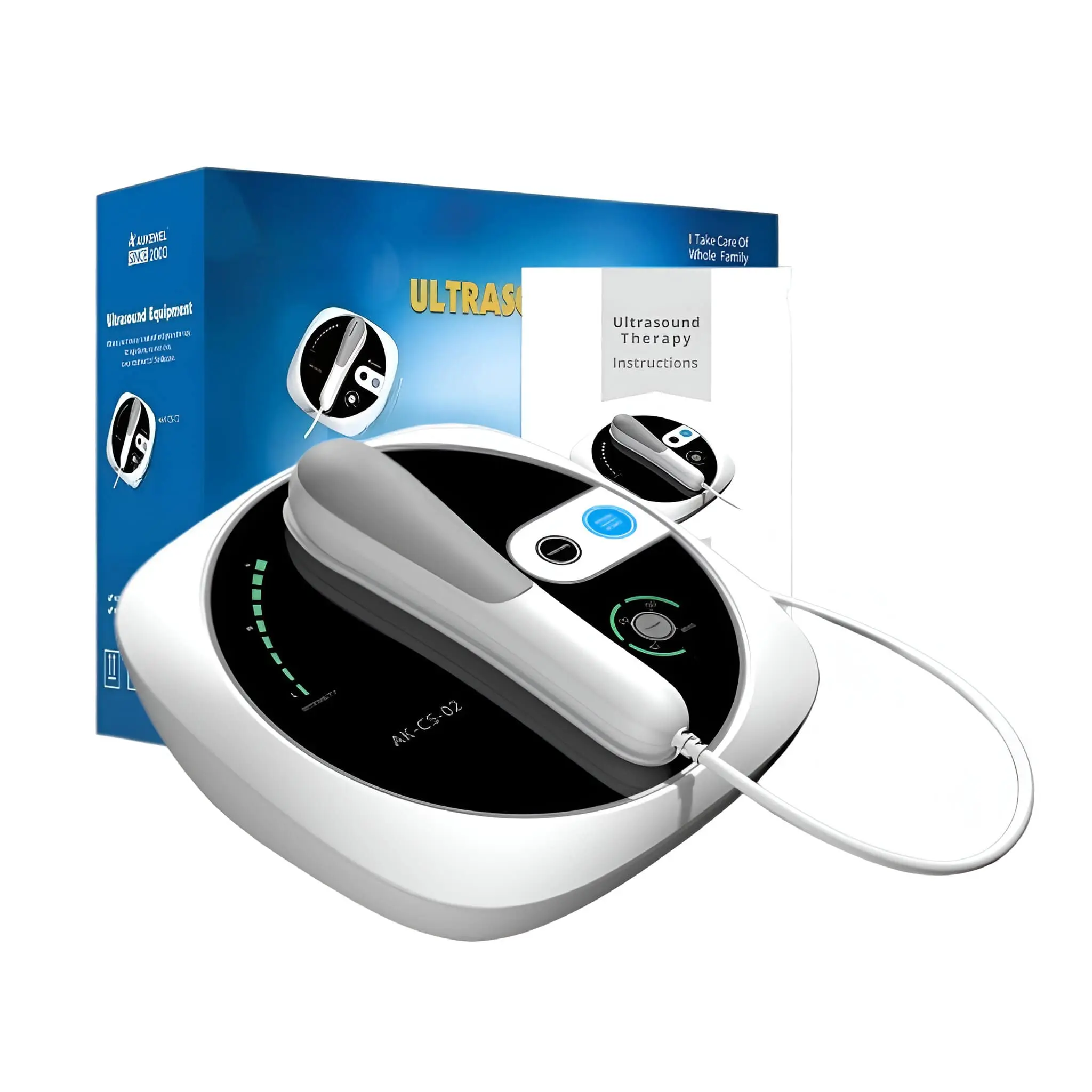 Ultrasound therapy machine with handheld probe, LED display, and instruction manual for home muscle relief