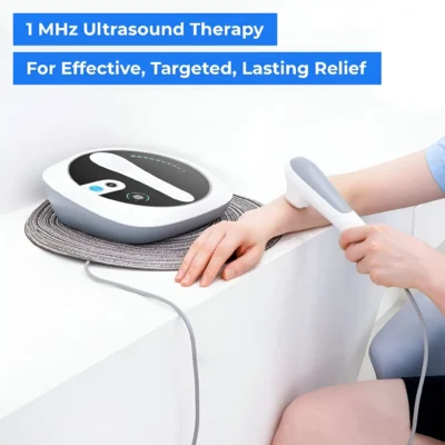Woman using 1 MHz ultrasound therapy machine on hand for targeted muscle and joint relief at home