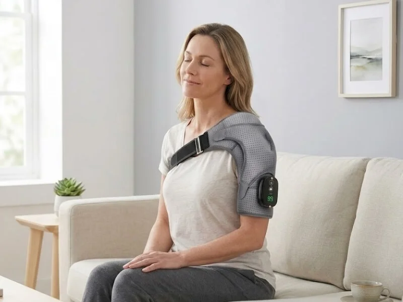 Woman using shoulder massagers for pain relief at home