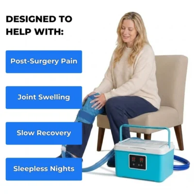 Woman using cold therapy knee wrap at home — designed to help with post-surgery pain, joint swelling, slow recovery, and sleepless nights