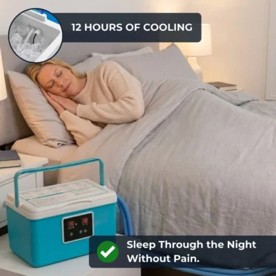 Woman sleeping peacefully in bed with cold therapy machine running on nightstand — 12 hours of continuous cooling for knee surgery recovery