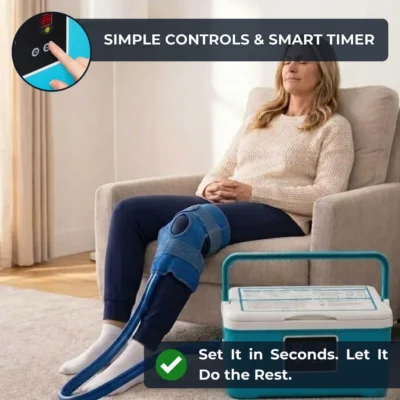 Woman relaxing in armchair with cold therapy knee wrap — simple controls and smart timer for effortless knee surgery recovery