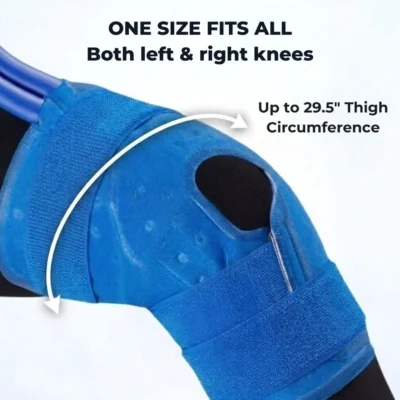 Cold therapy knee wrap close-up showing one size fits all design — fits both left and right knees up to 29.5 inch thigh circumference