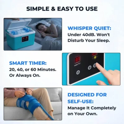 Cold therapy machine UX features — whisper quiet under 40dB, smart timer 20 40 or 60 minutes, designed for self-use at home