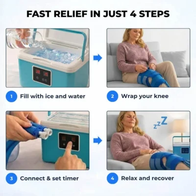 How to use cold therapy ice machine for knee surgery recovery in 4 steps — fill with ice, wrap your knee, connect and set timer, relax and recover