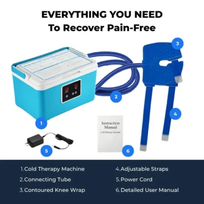 Cold therapy ice machine complete set including machine, connecting tube, contoured knee wrap, adjustable straps, power cord, and user manual
