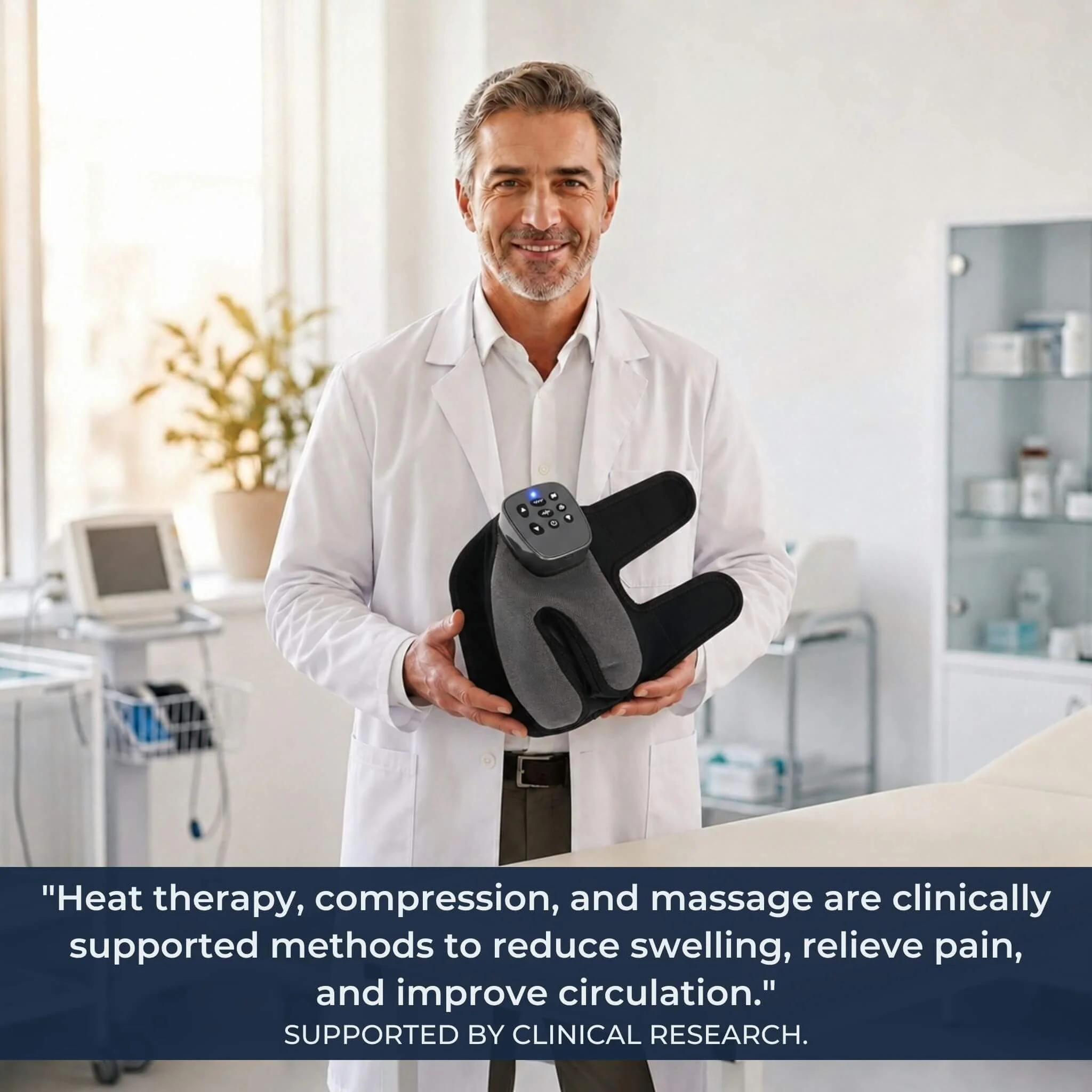 Male doctor in white coat standing in clinic with foot and ankle massager on examination table, dark navy quote bar at bottom reading heat therapy compression and massage are clinically supported methods to reduce swelling relieve pain and improve circulation attributed to NIH and physical therapists